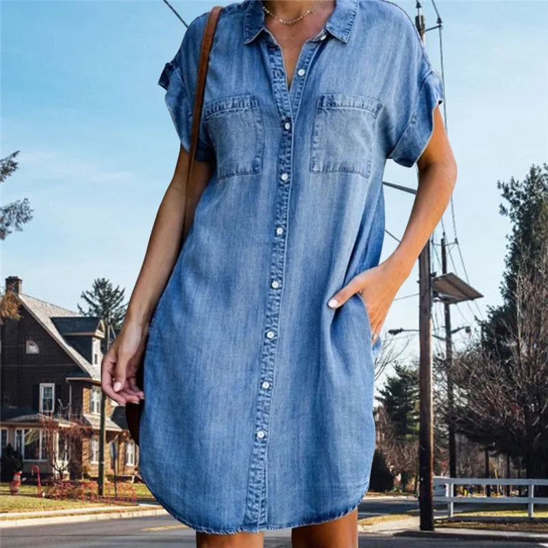 Women's Short Sleeve Denim Dress with Pockets