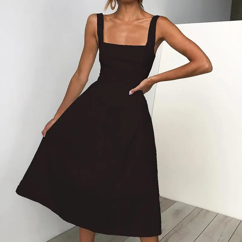 Summer women's midi dress with wide shoulder straps