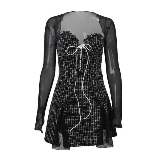 Gothische Mini-jurk met Lange Transparante Mouwen en Corsetbinding
