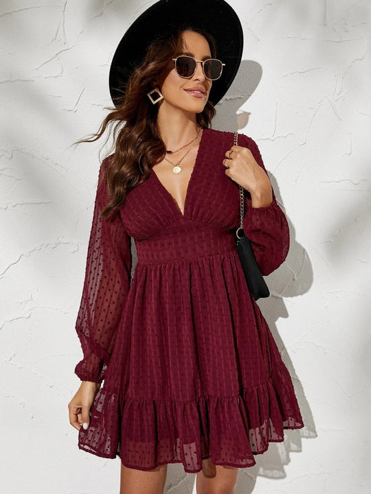Dress with Long, Sheer Sleeves and Ruffles