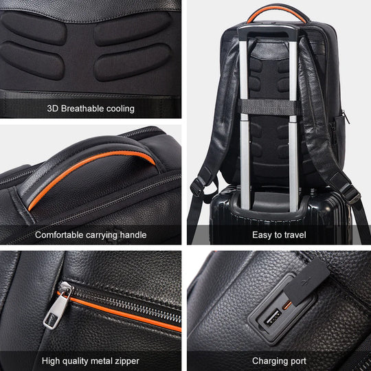 Runderleren Laptop Rugzak | Duurzame Business Rugzak met USB Oplaadpoort | Multifunctionele Reistas