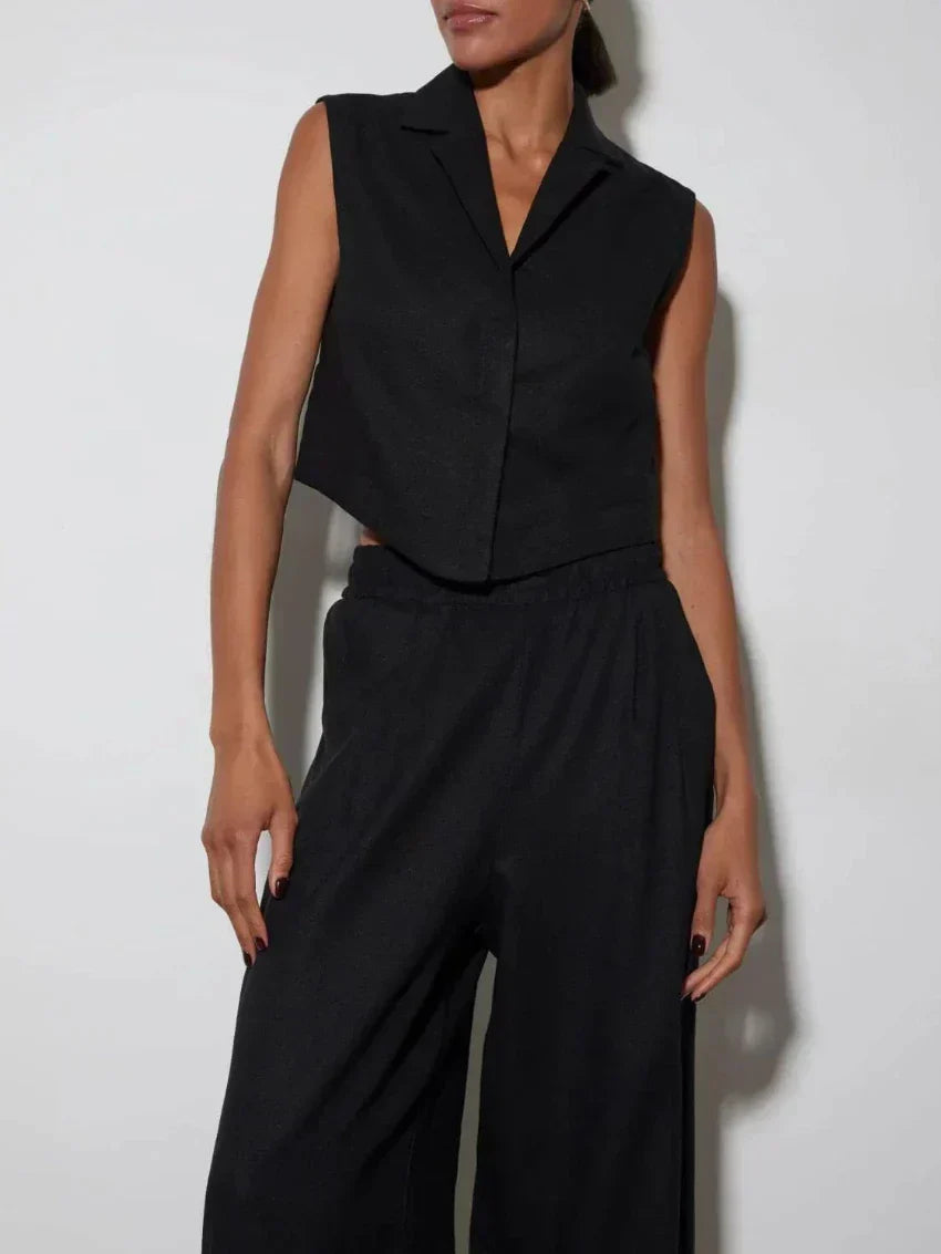 Women | Linen Set | Sleeveless Blazer | Wide Leg Pants | Chic | Elegant | Stylish