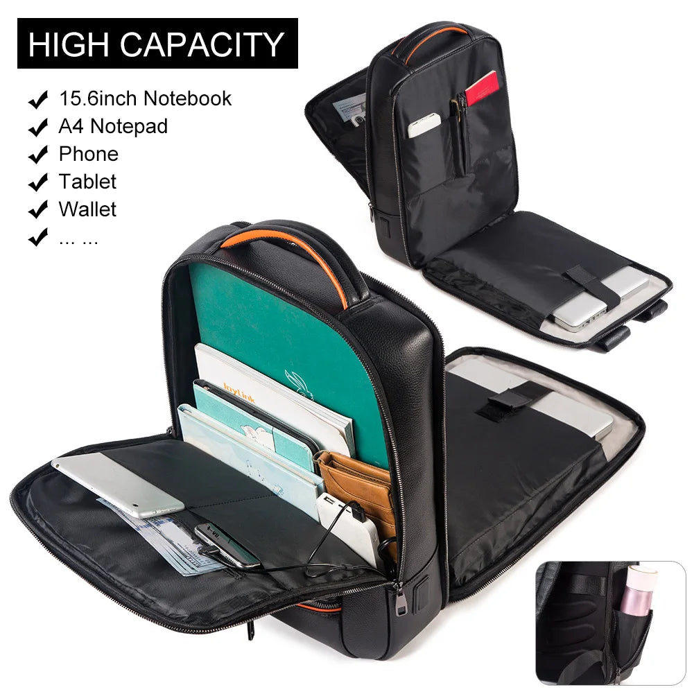 Runderleren Laptop Rugzak | Duurzame Business Rugzak met USB Oplaadpoort | Multifunctionele Reistas