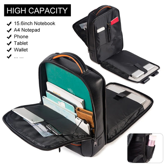 Runderleren Laptop Rugzak | Duurzame Business Rugzak met USB Oplaadpoort | Multifunctionele Reistas
