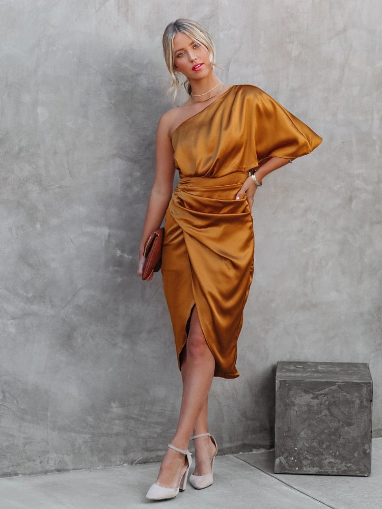 Satin midi dress with elegant slit and loose sleeves