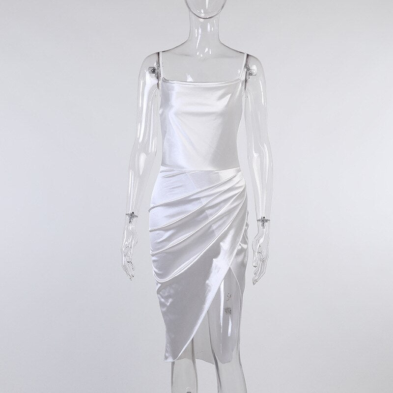 Satin Dress with Asymmetric Split and Thin Spaghetti Straps