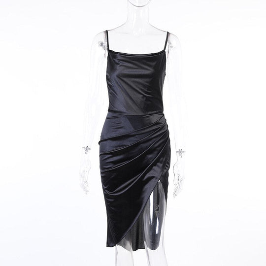 Satin Dress with Asymmetric Split and Thin Spaghetti Straps