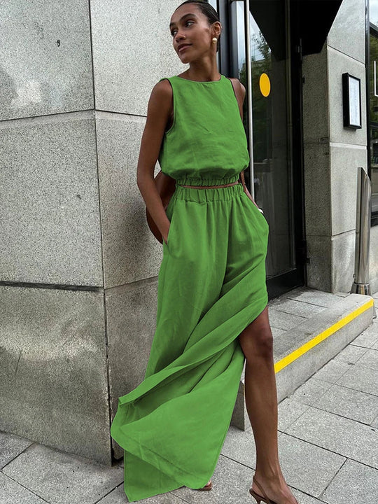 Women | Linen Set | Sleeveless Crop Top | Long Pants | Stylish | Chic | Trendy