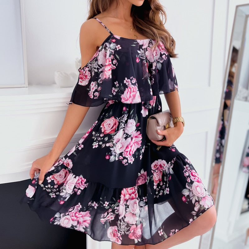 Off-the-Shoulder Floral Dress with Ruffles 