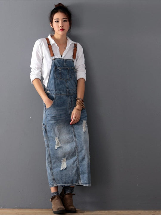 Jeans Tuinbroek Jurk met Slijtage
