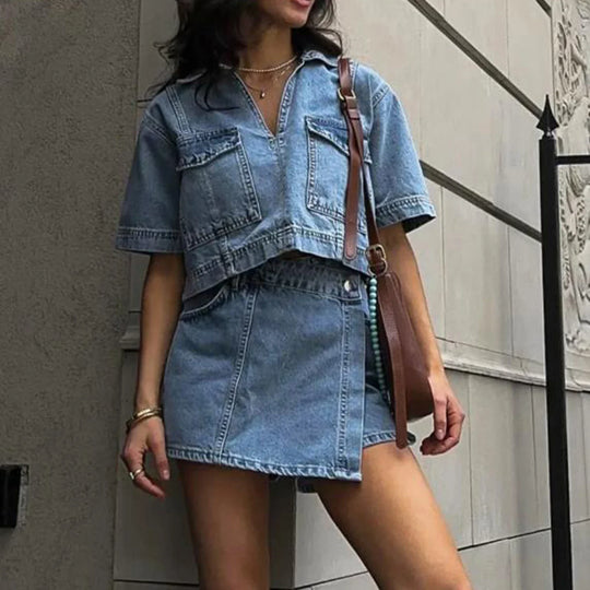 Women's Denim Set Short Skirt Short Sleeve Jacket Stylish Chic Casual