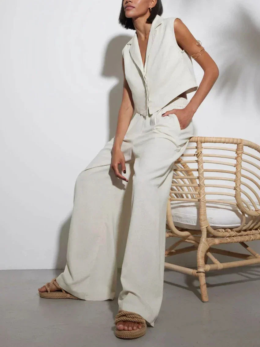 Women | Linen Set | Sleeveless Blazer | Wide Leg Pants | Chic | Elegant | Stylish