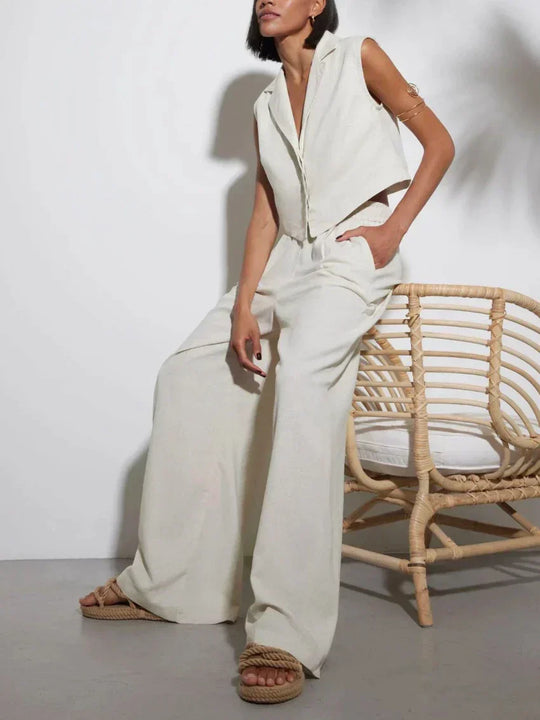 Women | Linen Set | Sleeveless Blazer | Wide Leg Pants | Chic | Elegant | Stylish