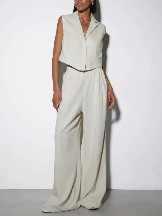 Women | Linen Set | Sleeveless Blazer | Wide Leg Pants | Chic | Elegant | Stylish