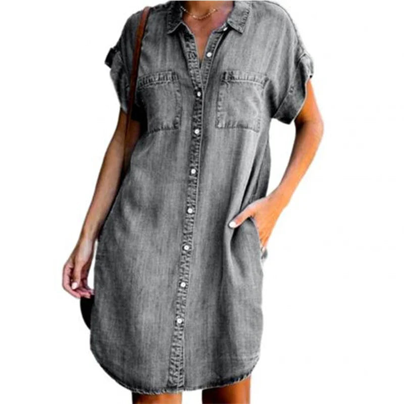 Women's Short Sleeve Denim Dress with Pockets