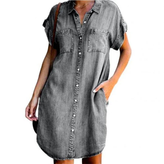 Women's Short Sleeve Denim Dress with Pockets