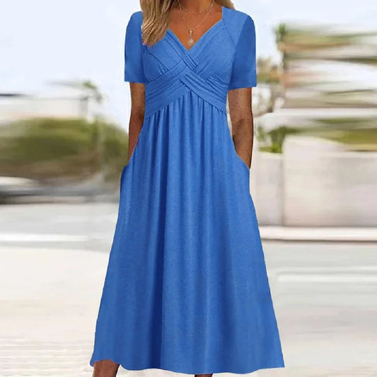 Elegant Midi Dress with Short Sleeves and Pockets