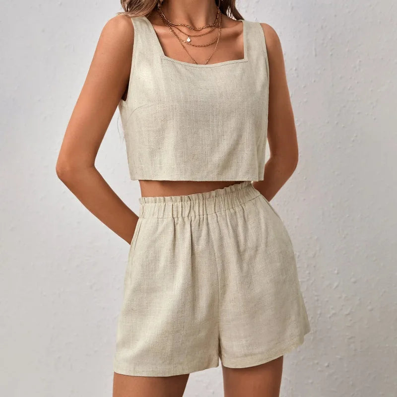Women | Linen Set | Sleeveless Crop Top | Shorts | Stylish | Chic | Comfortable