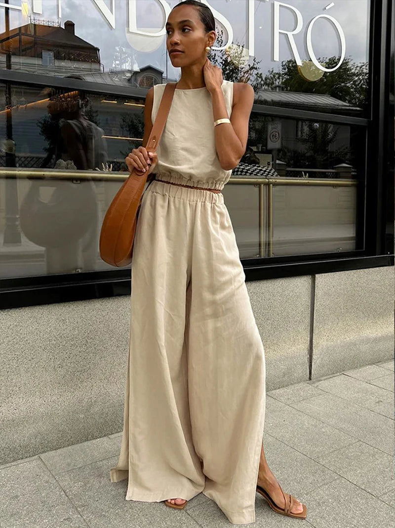 Women | Linen Set | Sleeveless Crop Top | Long Pants | Stylish | Chic | Trendy