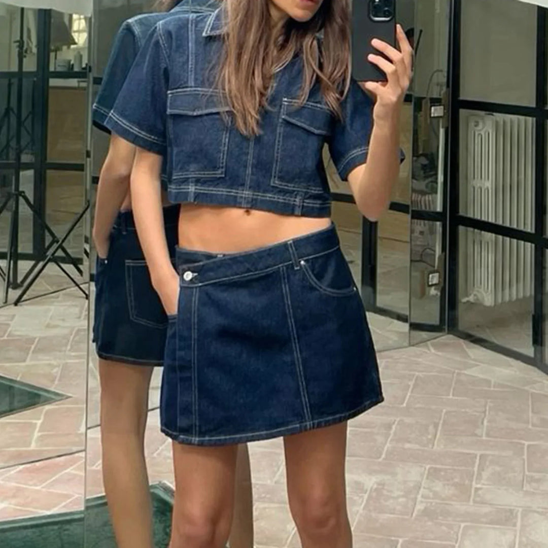 Women's Denim Set Short Skirt Short Sleeve Jacket Stylish Chic Casual