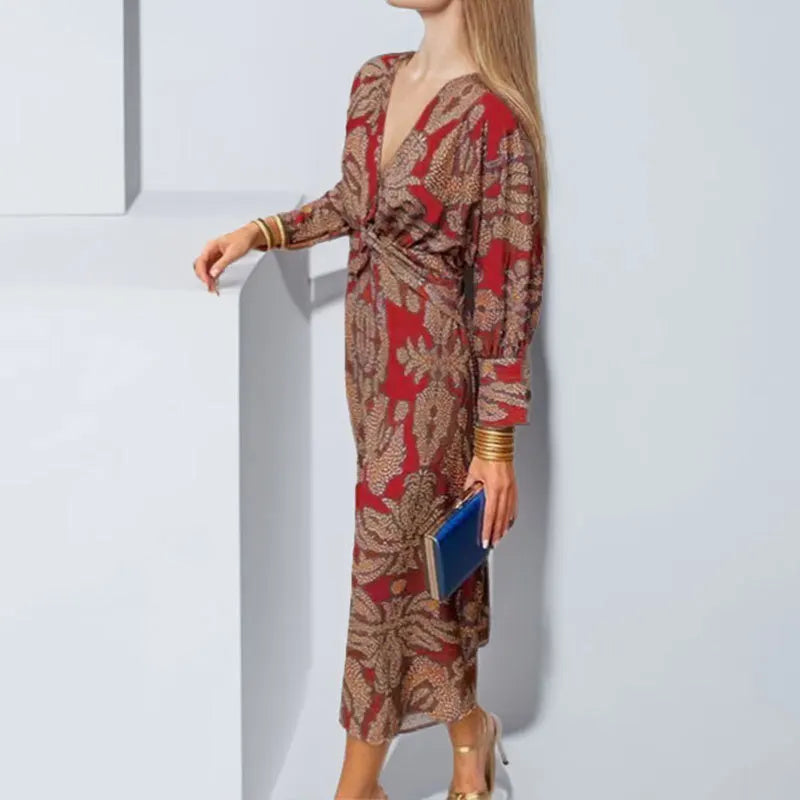 Women's midi dress with a wrap neckline and a floral pattern