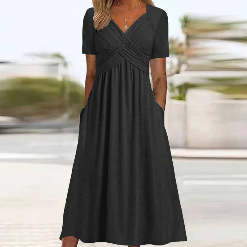 Elegant Midi Dress with Short Sleeves and Pockets