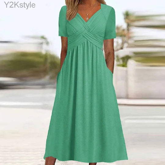 Elegant Midi Dress with Short Sleeves and Pockets