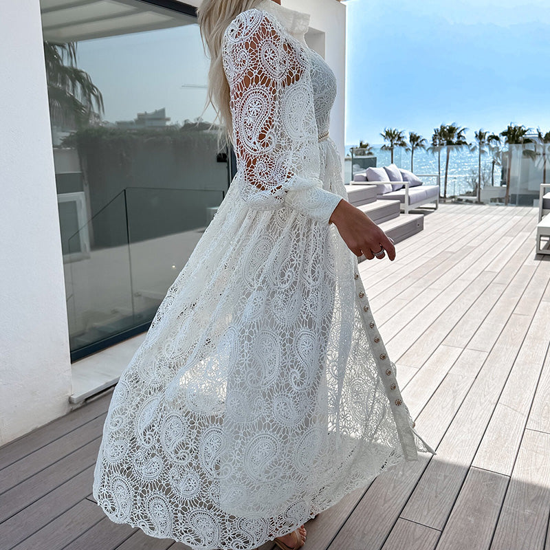 Lange Kanten Jurk met Volle Mouwen en Knopen