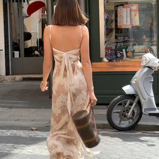 Elegant Maxi Dress with Lace Pattern and Bow on the Back