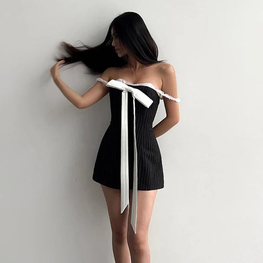Mini Dress with Stripes and Decorative Bow
