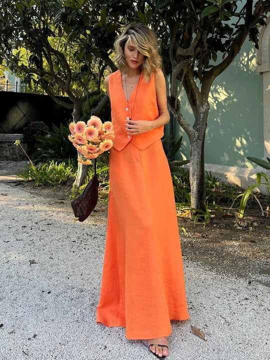 Dames | Linnen Set | Mouwloze Blazer | Lange Rok | Elegant | Chic | Sophisticated