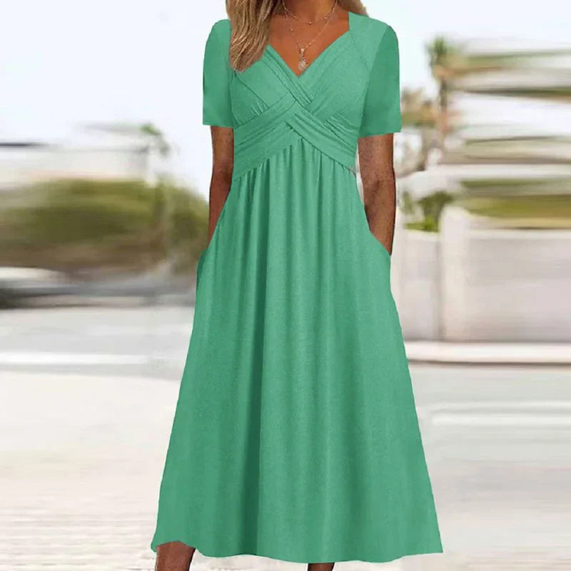 Elegant Midi Dress with Short Sleeves and Pockets