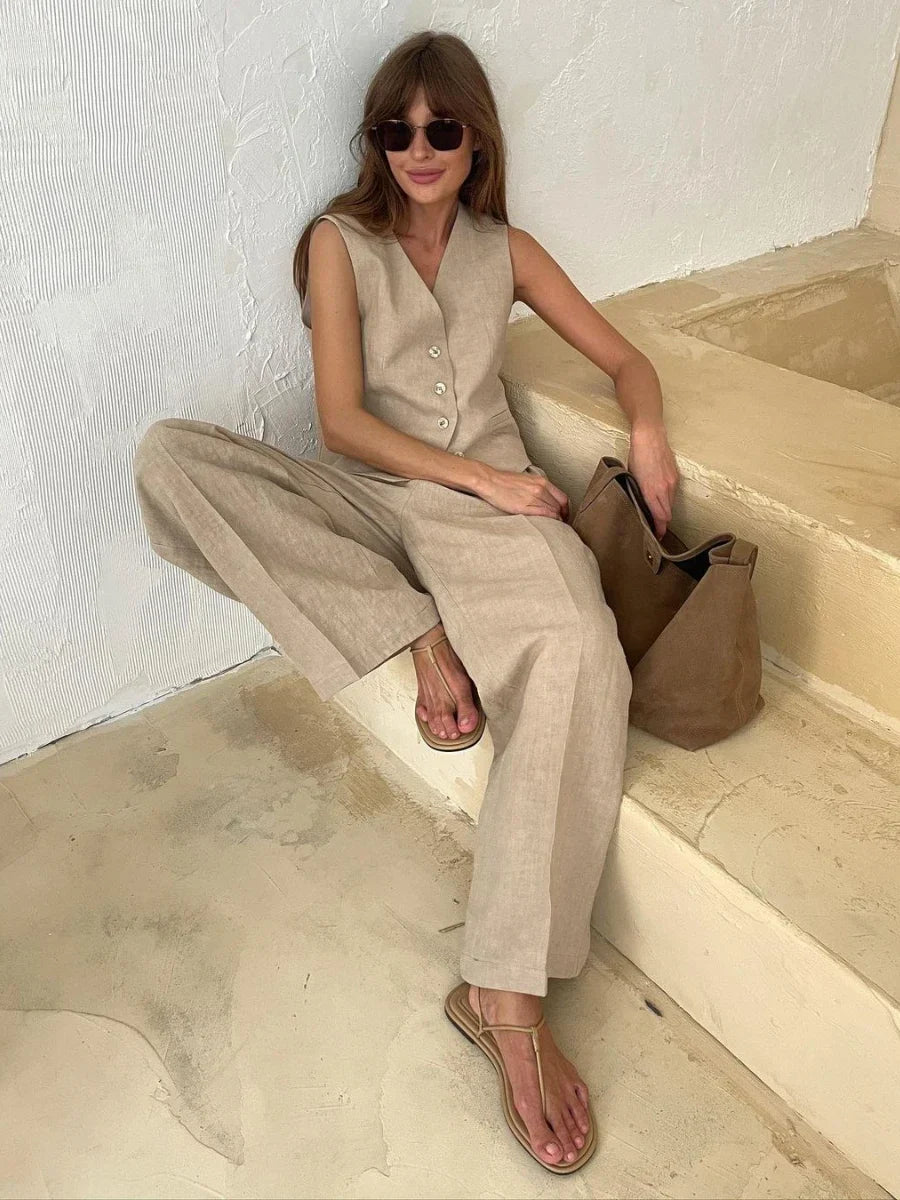 Women | Linen Set | Sleeveless Vest | Long Pants | Elegant | Chic | Comfortable