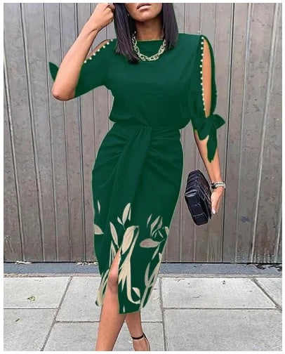 Elegant ladies midi dress with decorative sleeves