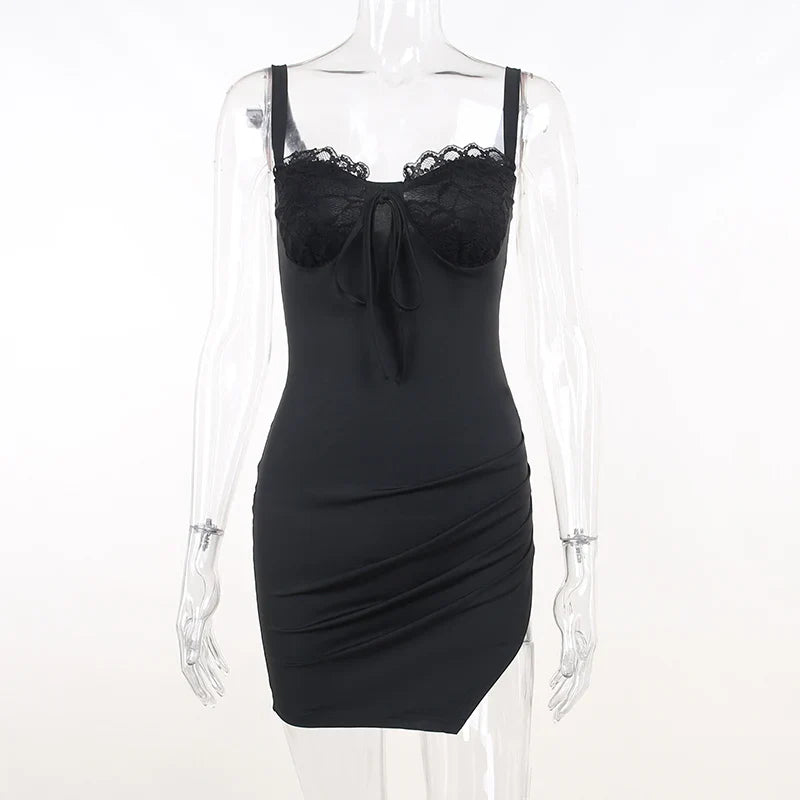 Women's tight mini dress with spaghetti straps and lace trim