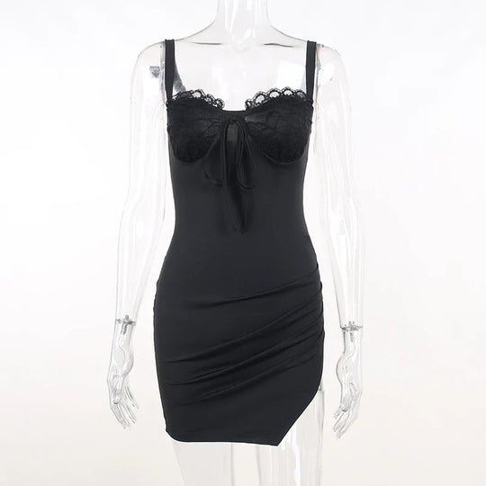 Women's tight mini dress with spaghetti straps and lace trim