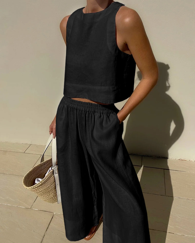 Women's Two-Piece Set | Sleeveless Top &amp; Wide-Leg Pants | Summer Outfit