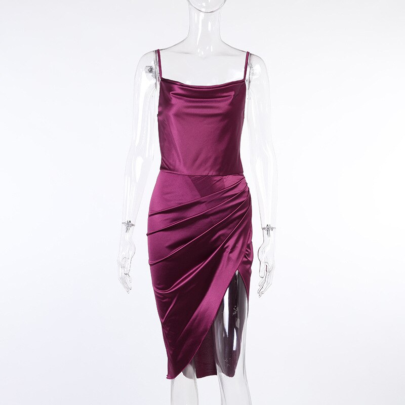 Satin Dress with Asymmetric Split and Thin Spaghetti Straps