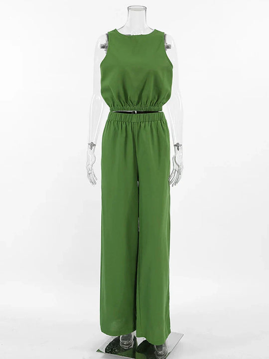 Women | Linen Set | Sleeveless Crop Top | Long Pants | Stylish | Chic | Trendy