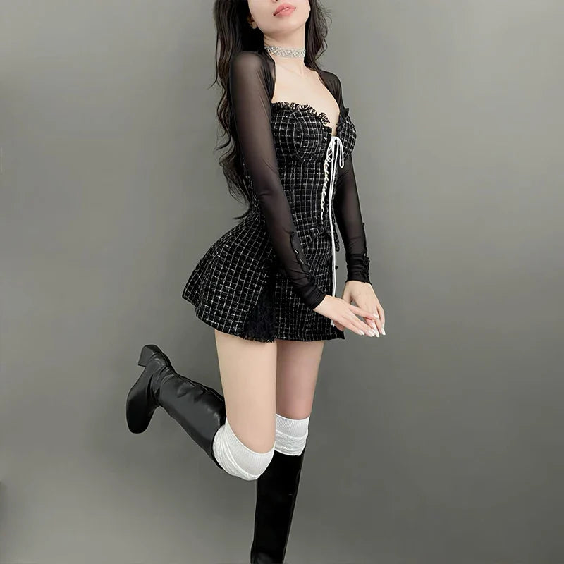 Gothic Mini Dress with Long Sheer Sleeves and Corset Binding