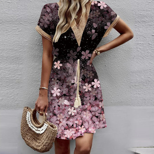 Women's summer dress with V-neck and floral pattern