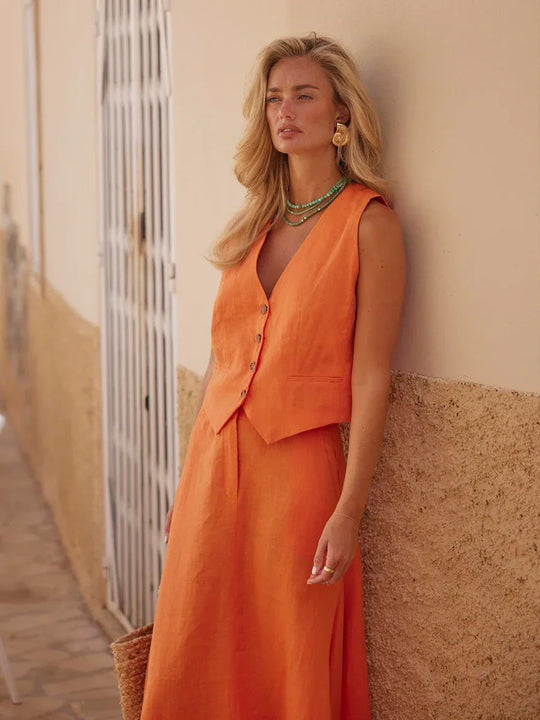 Dames | Linnen Set | Mouwloze Blazer | Lange Rok | Elegant | Chic | Sophisticated
