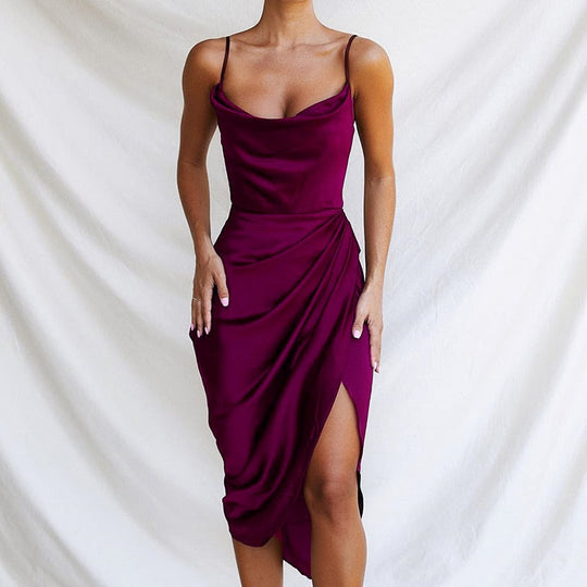 Satin Dress with Asymmetric Split and Thin Spaghetti Straps
