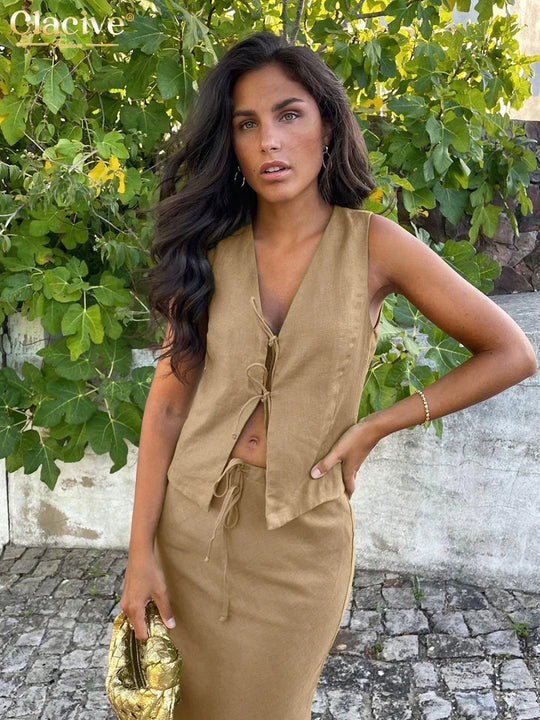 Dames | Linnen Set | Mouwloos Gilet | Rok | Elegant | Chic | Stijlvol