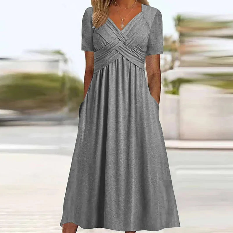 Elegant Midi Dress with Short Sleeves and Pockets