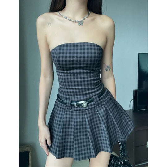 Geruite Mini Jurk zonder Schouderbandjes met Riem