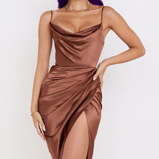Satin Dress with Asymmetric Split and Thin Spaghetti Straps