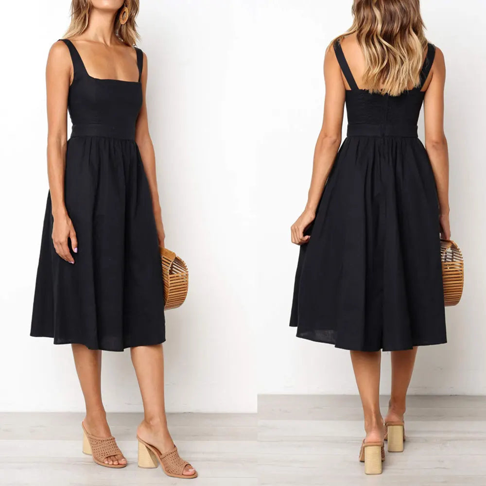 Summer women's midi dress with wide shoulder straps
