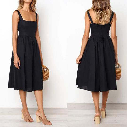 Summer women's midi dress with wide shoulder straps
