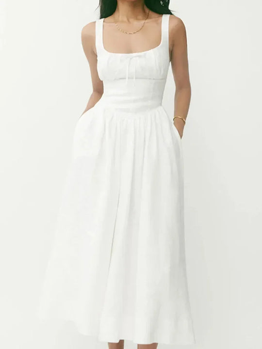 Women's linen midi dress with spaghetti straps